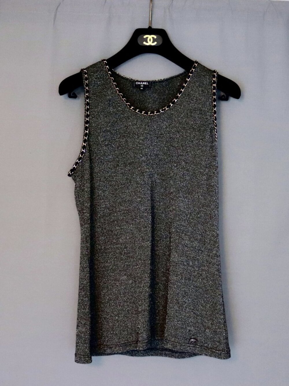 CHANEL Size 40 Tank Top Shimmer Lurex Metallic Chain Trim CC Logo